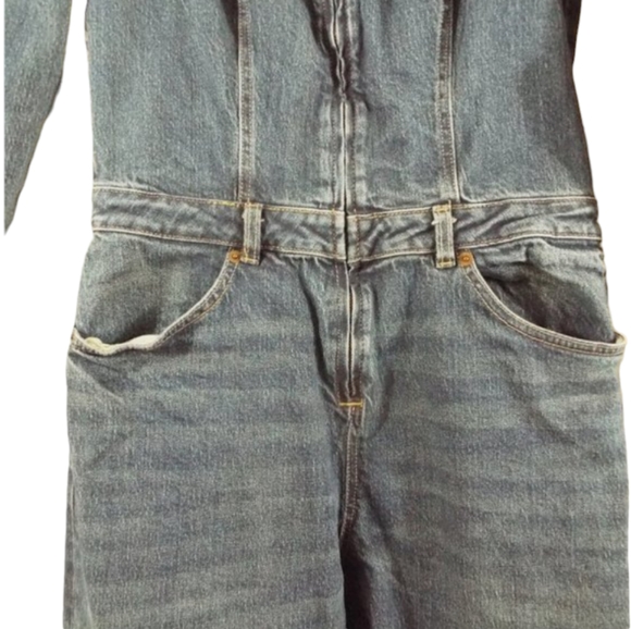 Zara Blue Denim Zippered Seamed Square Neck Long Sleeve Jumpsuit Size Large - Picture 9 of 14
